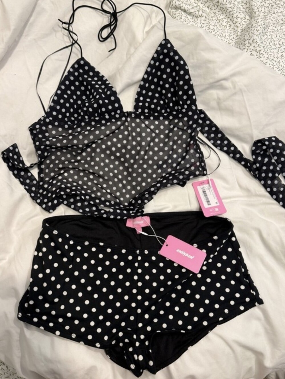 Edikted Black & White Polka Dot Mesh Chemise Set